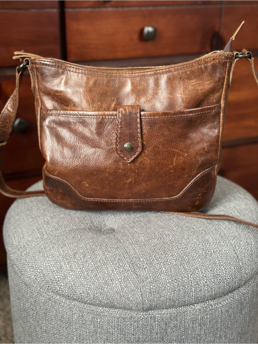 Frye Melissa Button Leather Crossbody bag brown cognac
